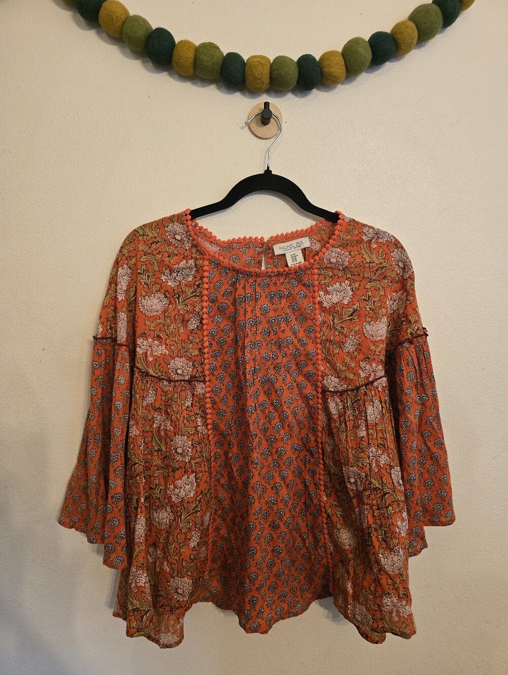 Rachel Zoe Boho Round Neck 3/4 Sleeve Peasant Blouse Size M Orange Floral Autumn